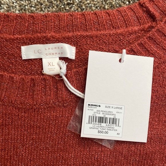 LC LAUREN CONRAD Burnt Red Sequin Penguin Holiday Sweater X-Large NEW - Picture 6 of 11